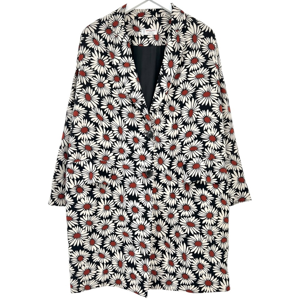 ALBERTO BIANI 100% Silk Black White Red Floral Oversize Relaxed Fit Light Jacket